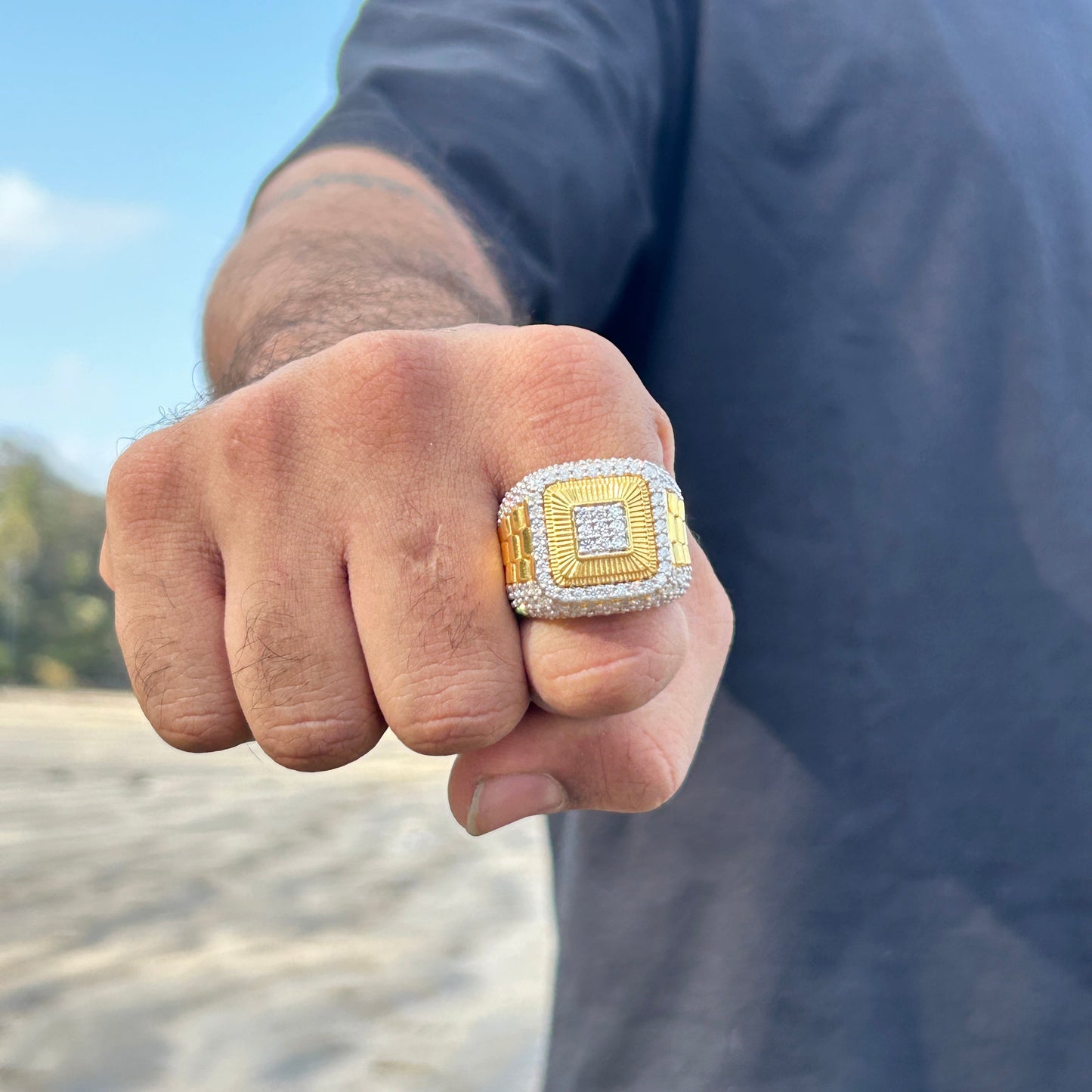 Men's Silver Ring - Yellow Gold Hiphop Ring