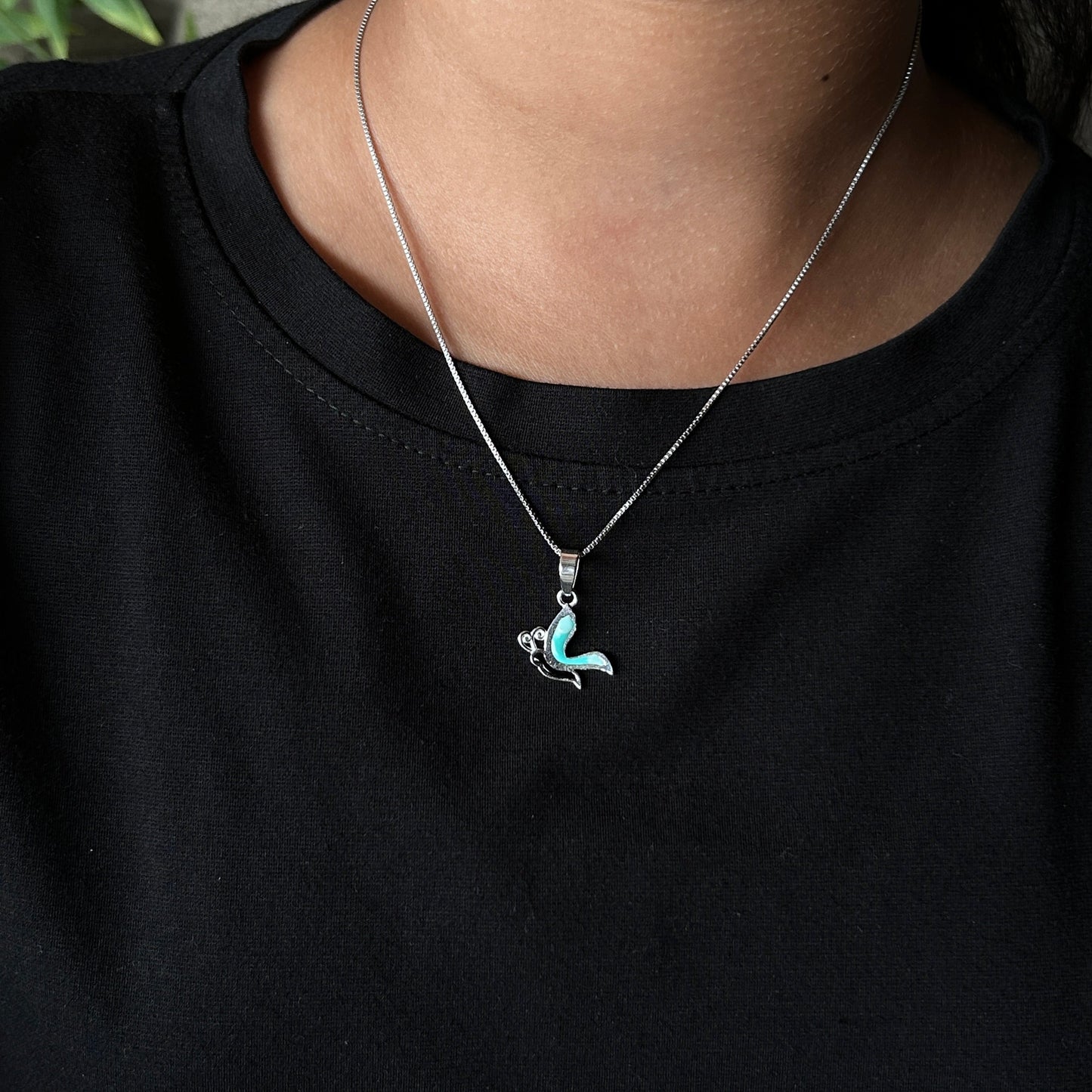 Kids Silver Pendant - Half Butterfly (Cyan)