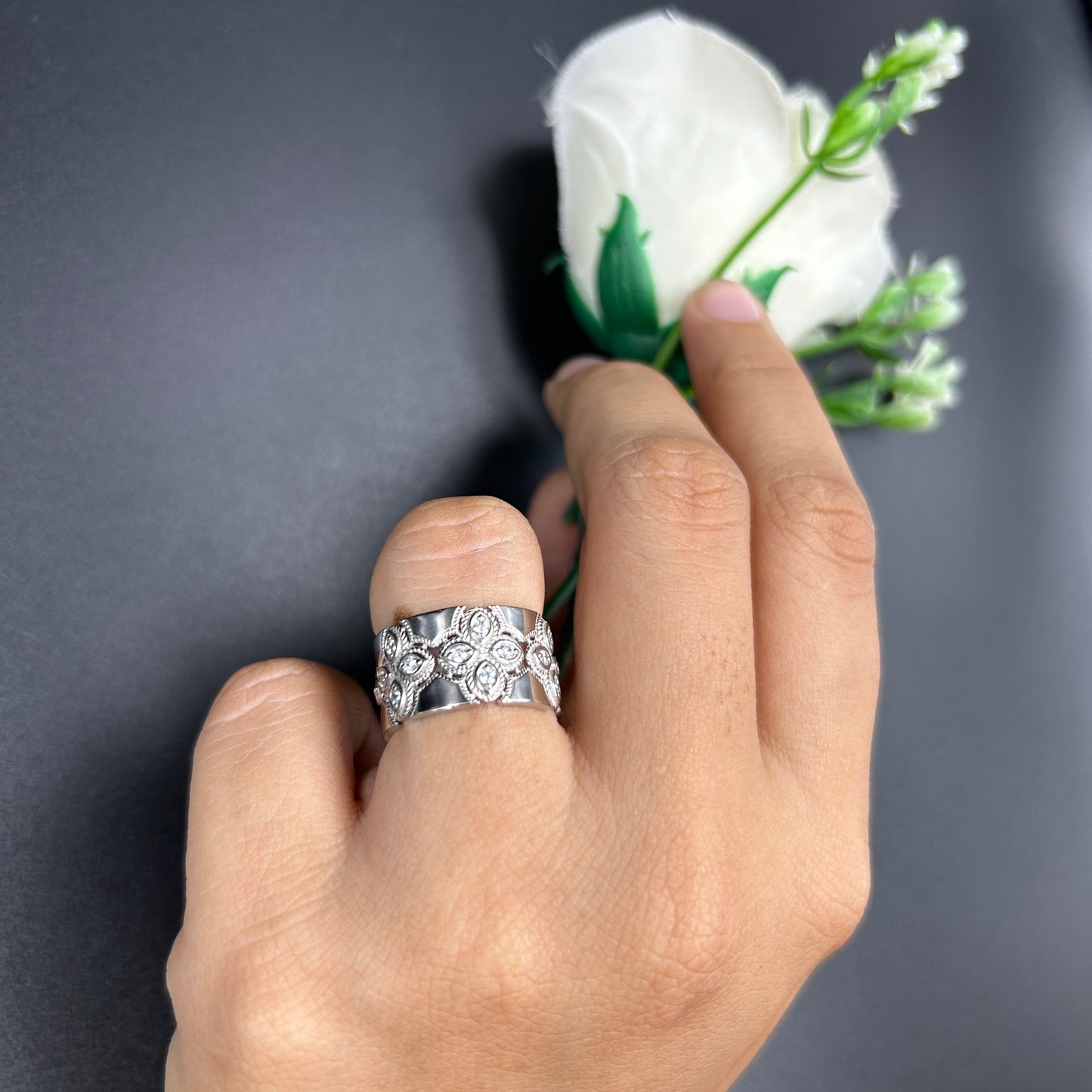 Sparkling Antique Style Silver Band - Women's Ring