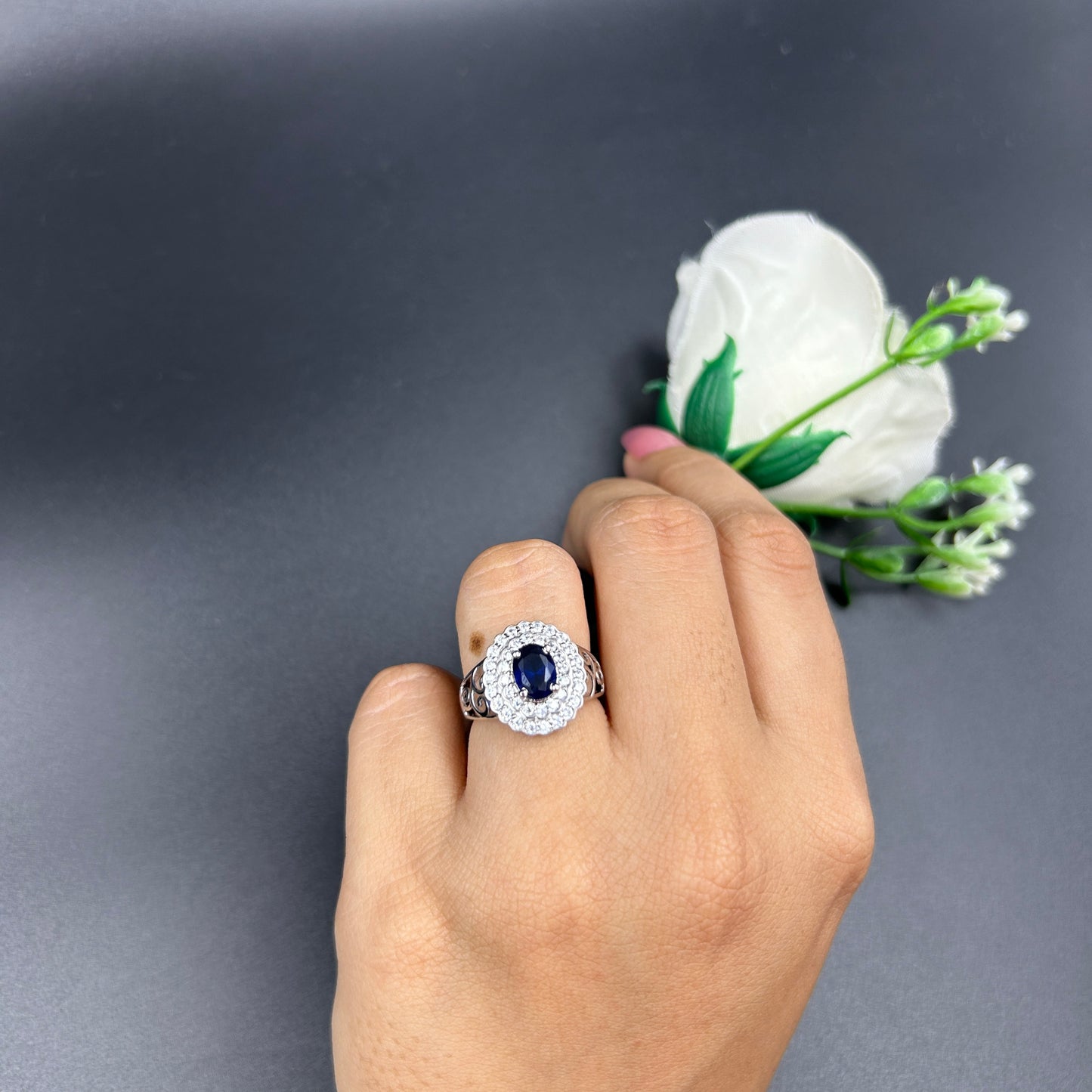 Sapphire Floral Ring - Women's Silver Ring