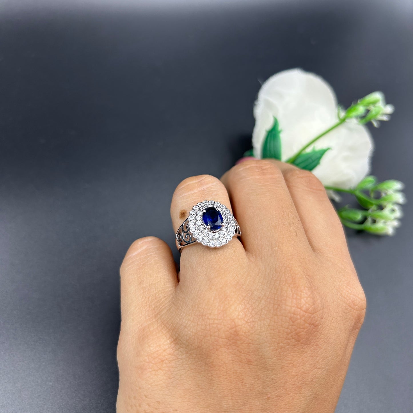 Sapphire Floral Ring - Women's Silver Ring