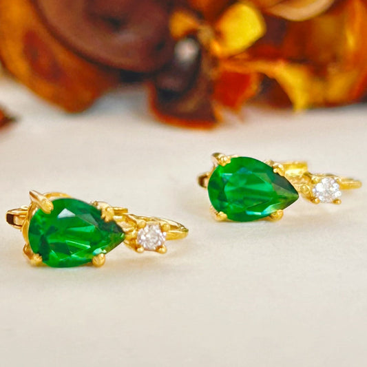 Minimal Silver Earring - Green Pear Earring