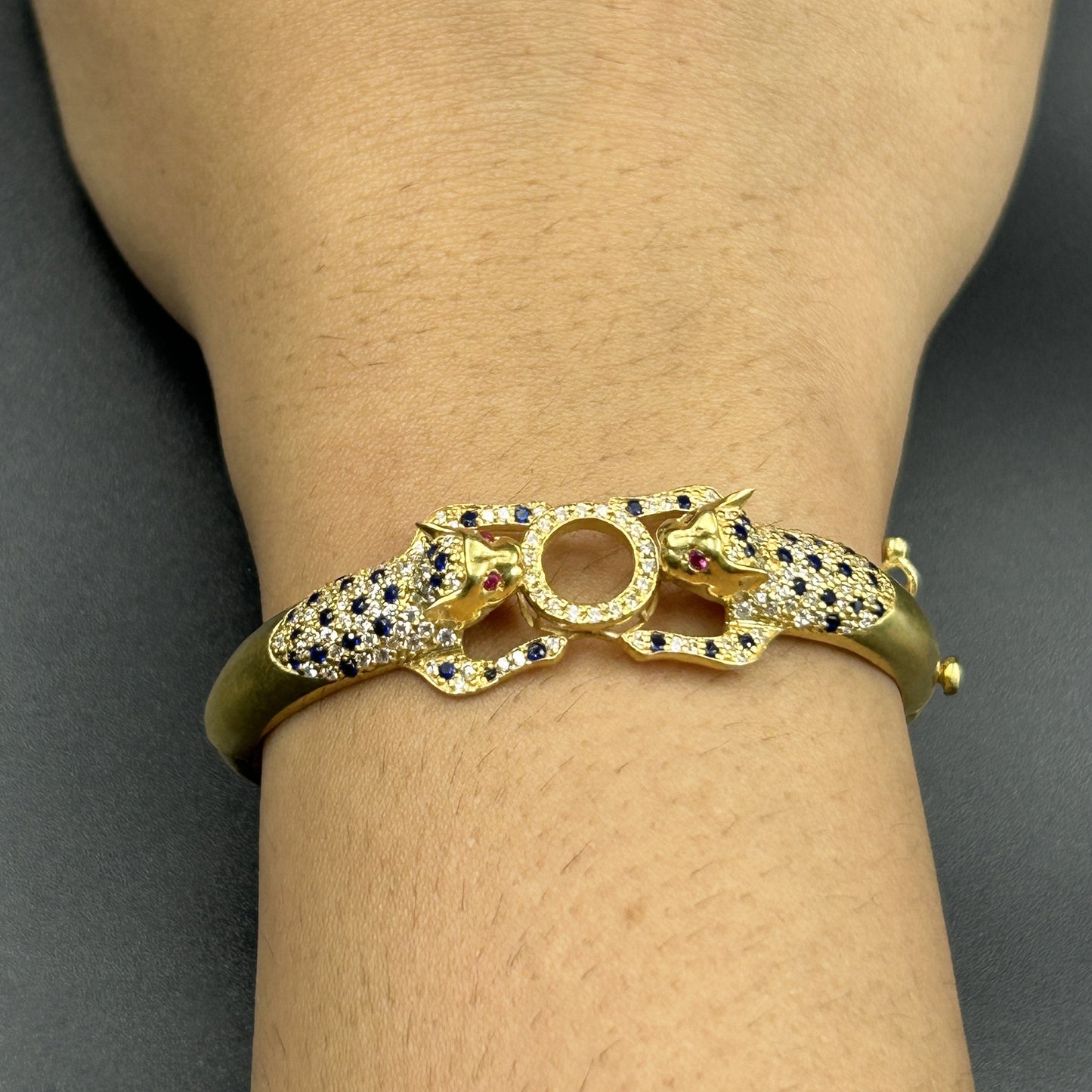 Yellow Gold Panther Kada - Silver Bracelet