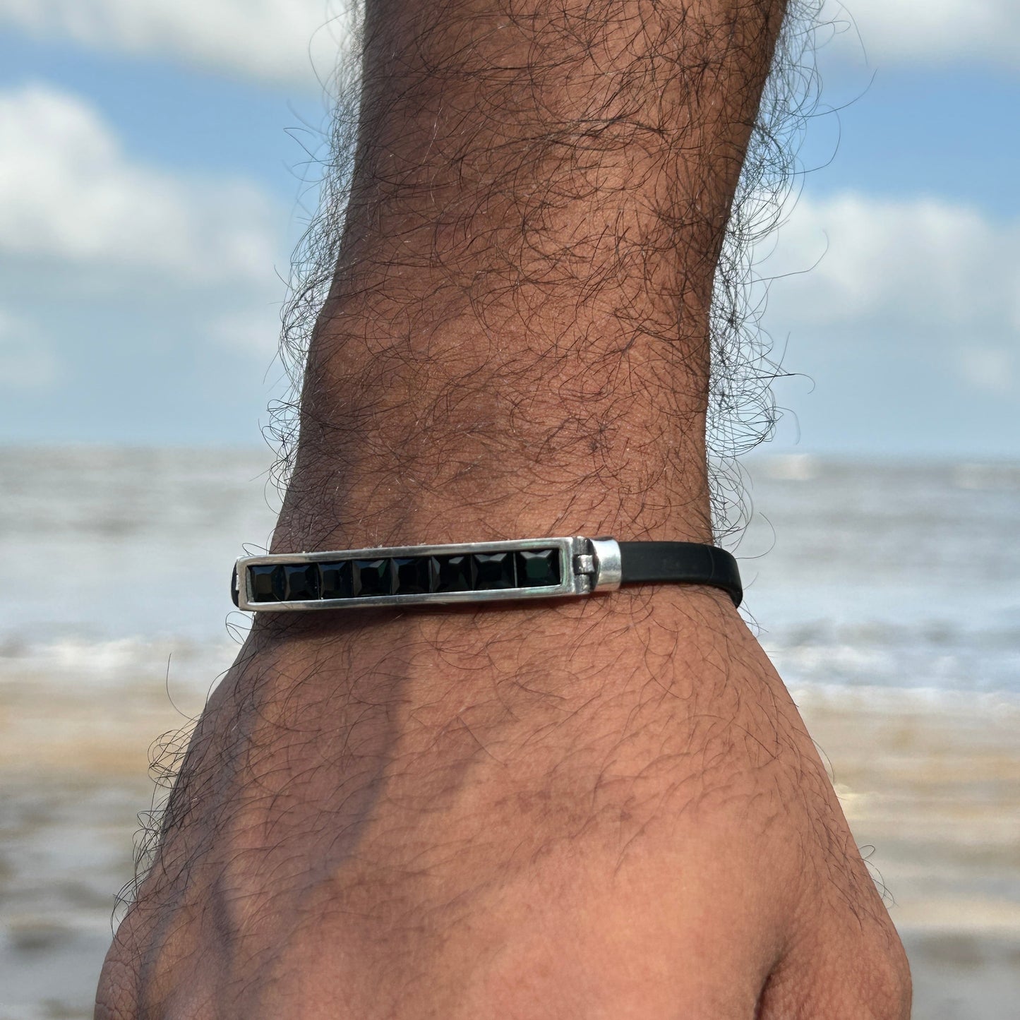 Men's Silver Bracelet - Black Belt Bracelet