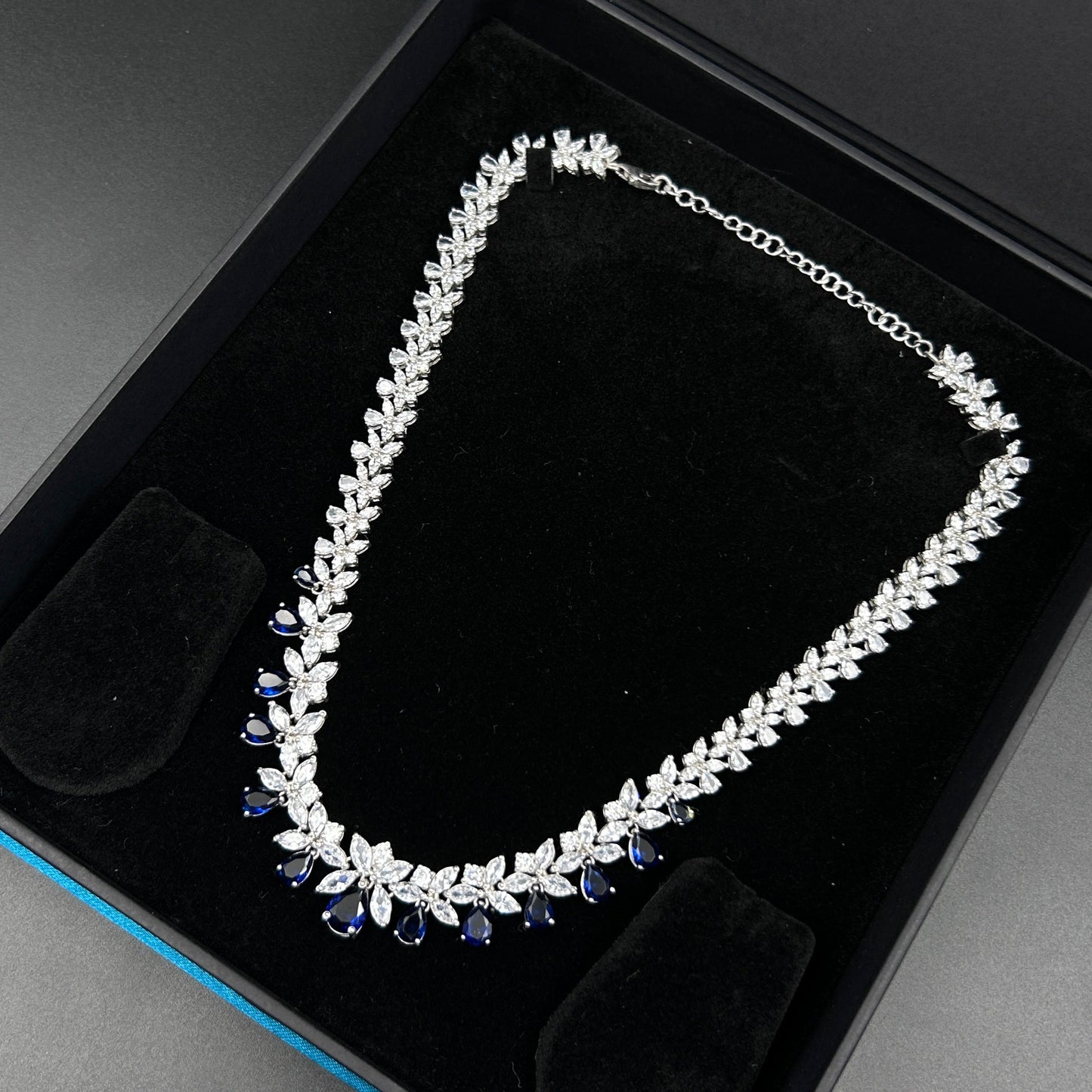 Women's Floral Blue Sapphire Necklace  - Pure Silver