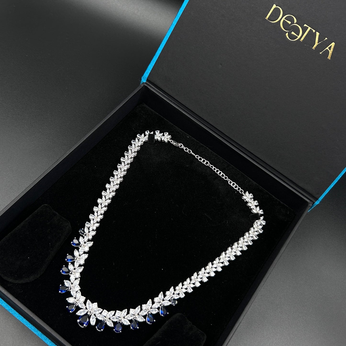 Women's Floral Blue Sapphire Necklace  - Pure Silver