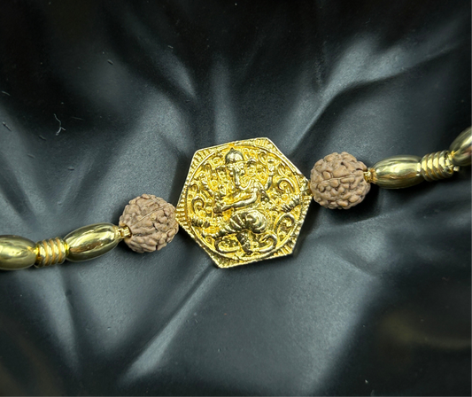 Yellow Gold Ganpati Rakhi with Rudraksh