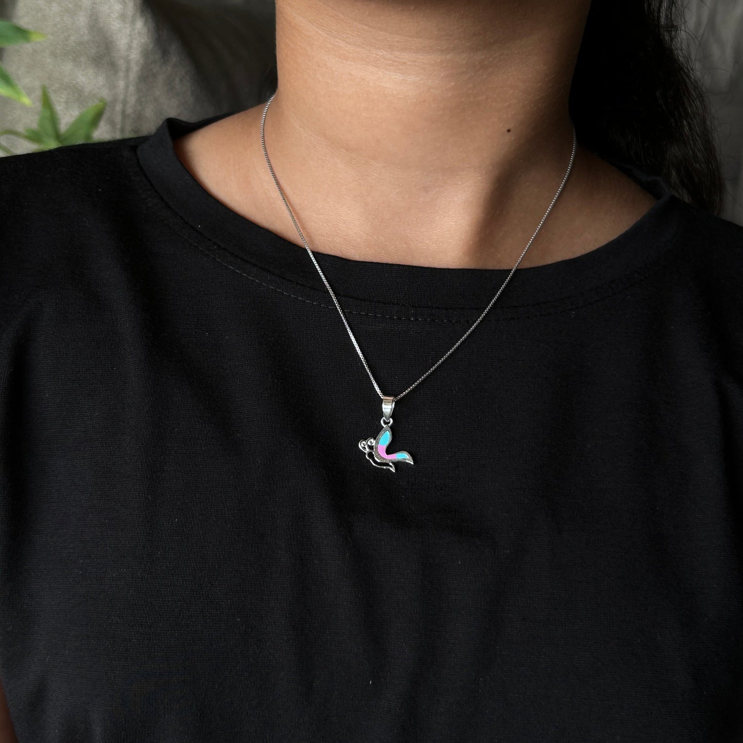 Kids Silver Pendant - Half Butterfly (Blue/Pink)