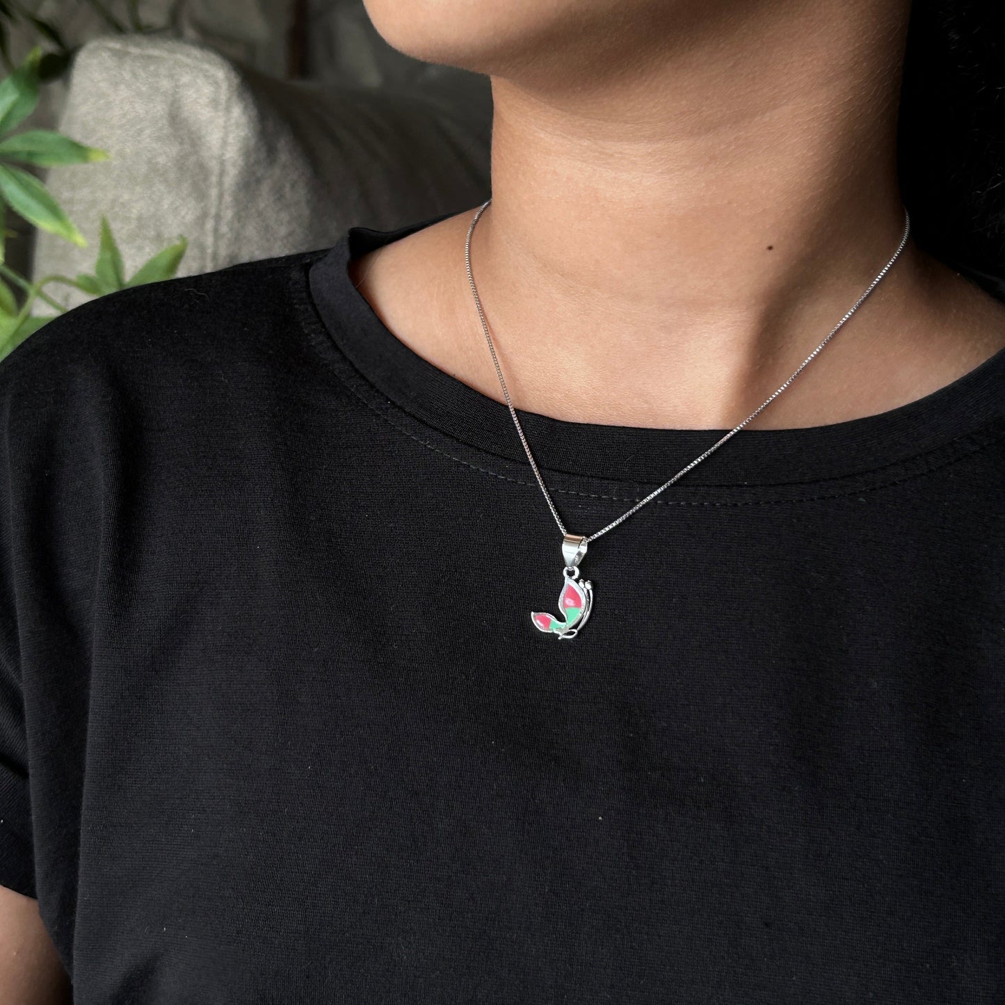 Kids Silver Pendant - Half Butterfly (Blue/Pink)