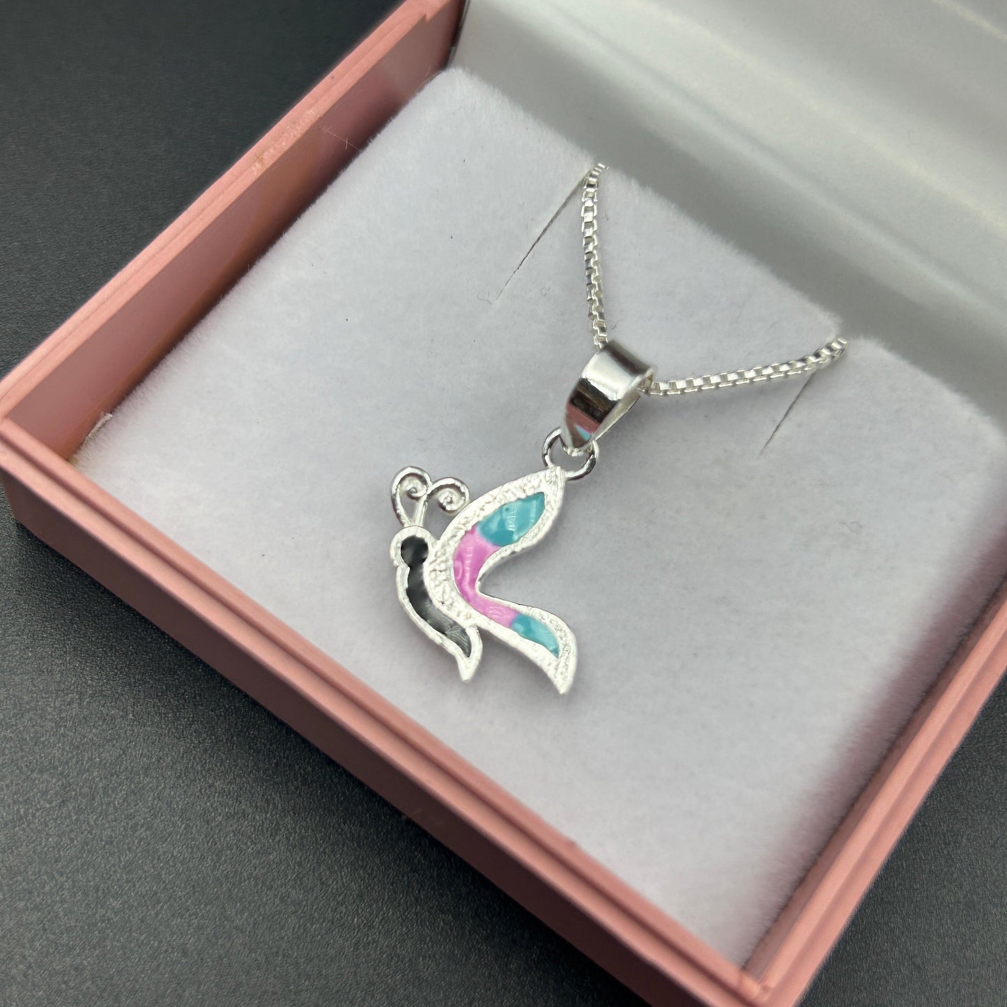 Kids Silver Pendant - Half Butterfly (Blue/Pink)