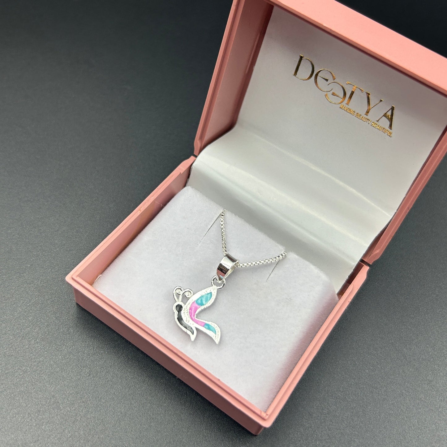 Kids Silver Pendant - Half Butterfly (Blue/Pink)