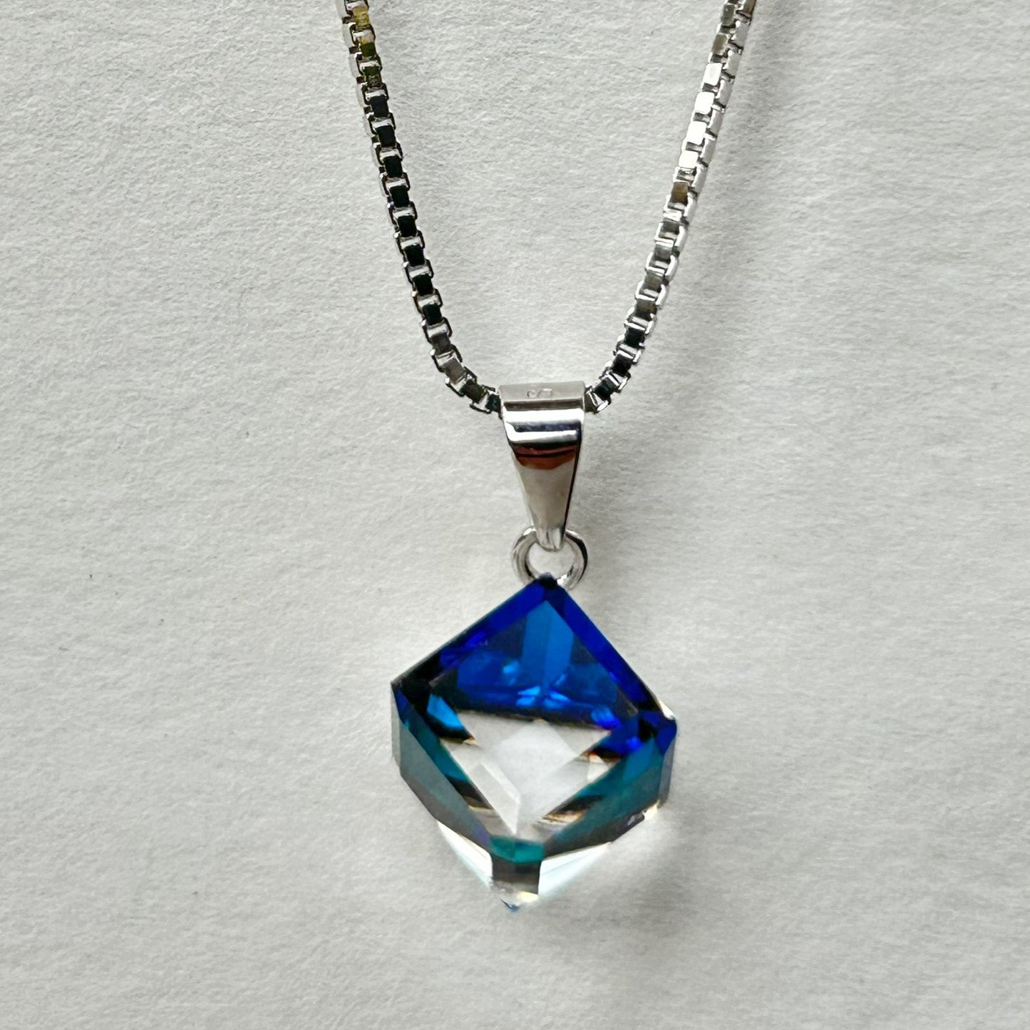 Blue and White Crystal Pendant - Silver Pendant and Chain