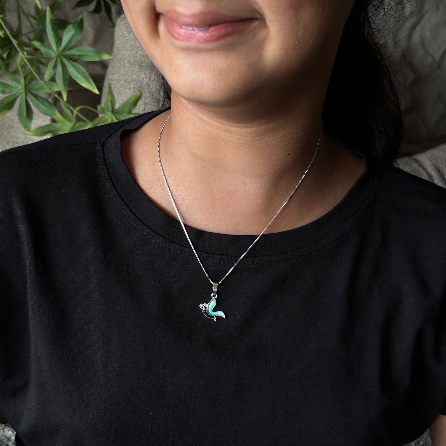 Kids Silver Pendant - Half Butterfly (Cyan)