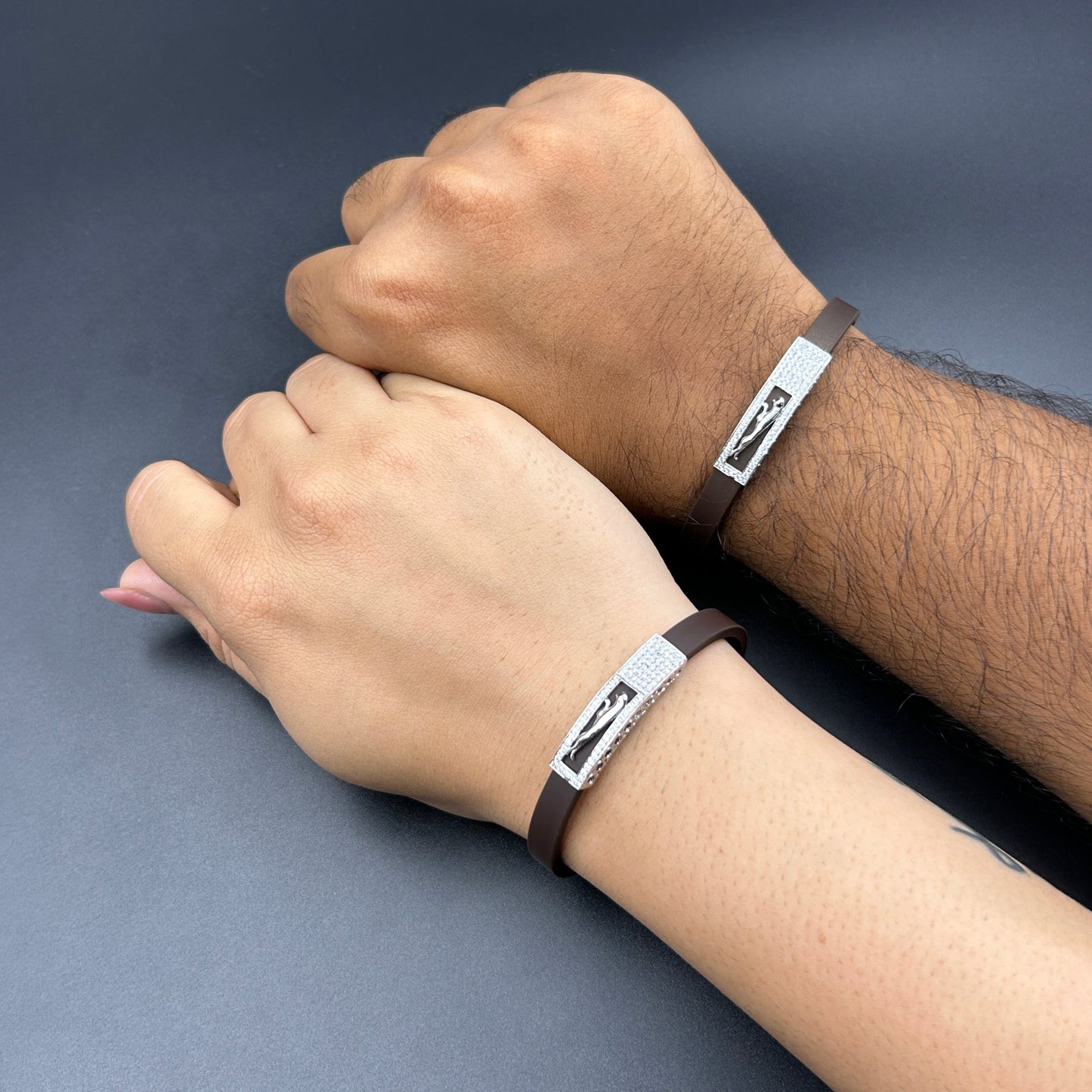 Pure Silver Couple Bracelet/Band - Brown Band
