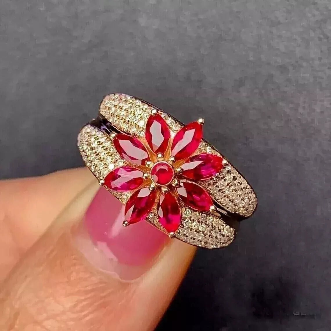 Marquise Cut Red Ruby 14k Solid Yellow Gold Ring Size 18mm, 12mm Diameter Flower